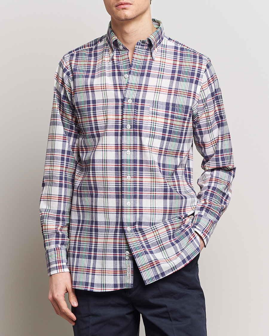 Men | Shirts | Drake's | Madras Checked Linen Button Down Shirt Navy