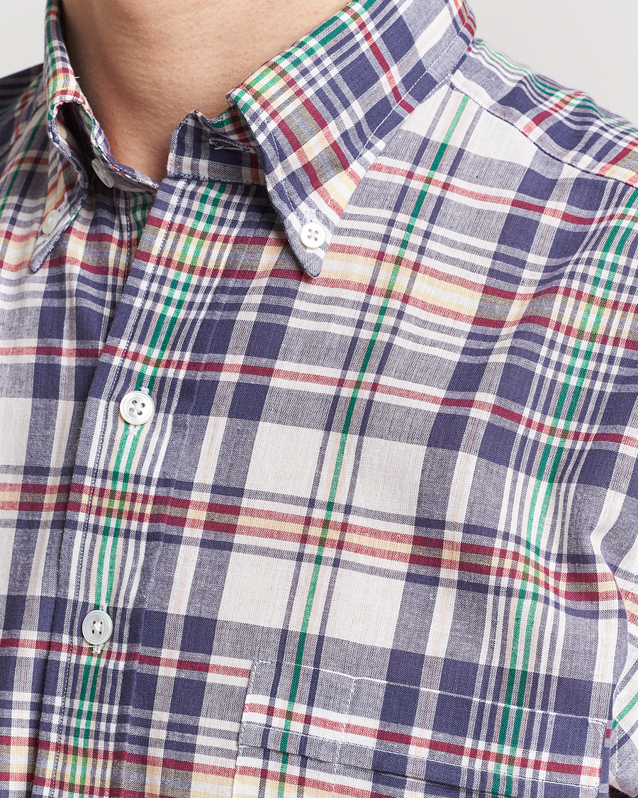 Men | Shirts | Drake's | Madras Checked Linen Button Down Shirt Navy
