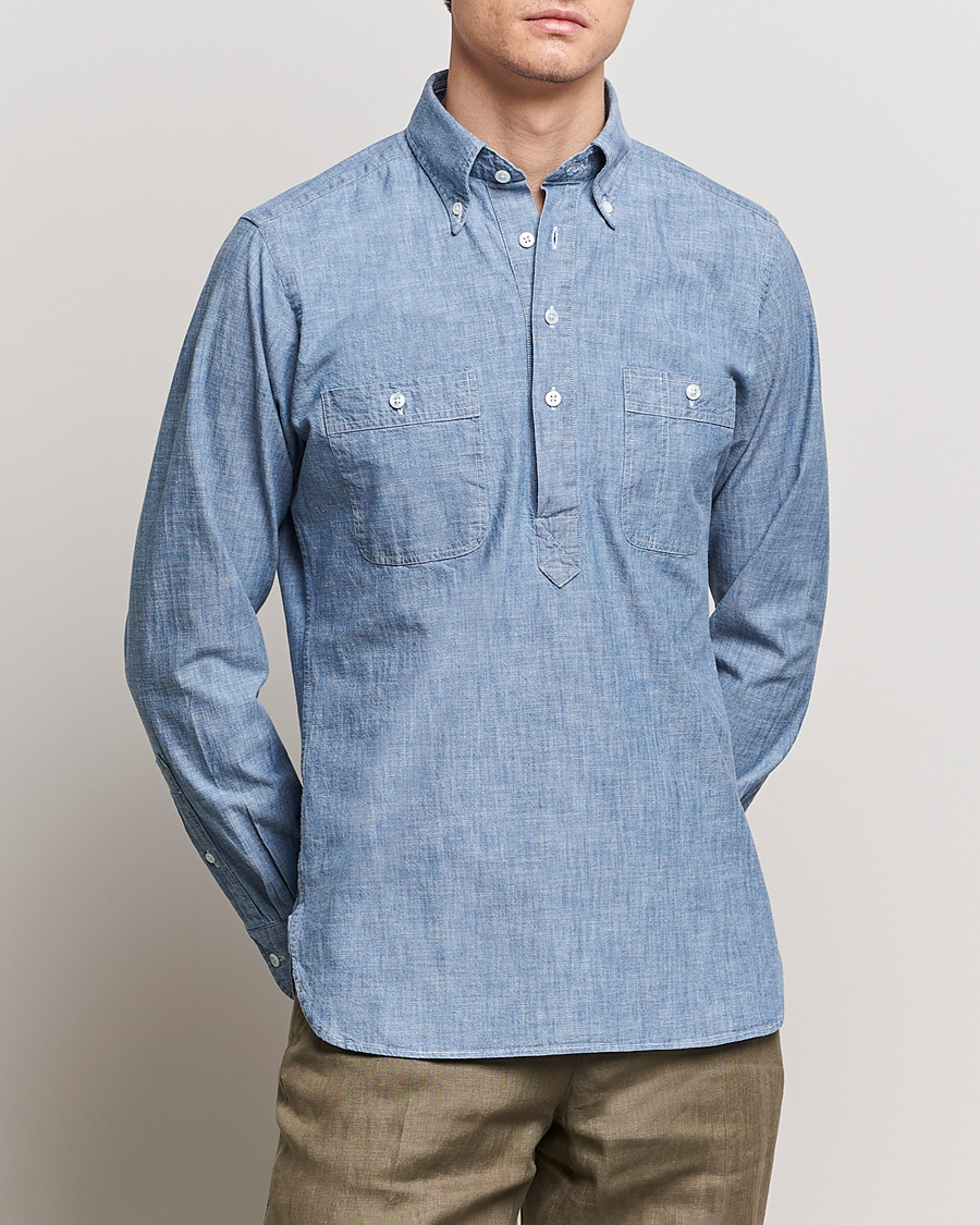 Men |  | Drake's | Chambray Popover Work Shirt Blue
