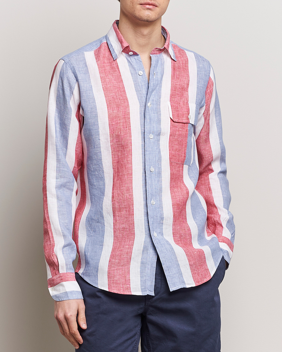 Men | Clothing | Drake's | Thick Stripe Linen Shirt Red/Blue