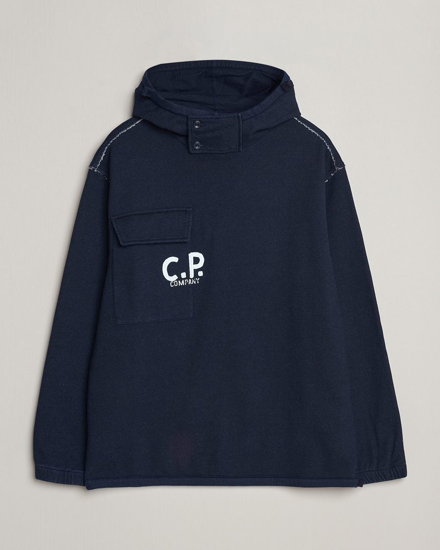 Men | Sweaters & Knitwear | C.P. Company | Washed Indigo Fleece Hooded Sweatshirt Navy