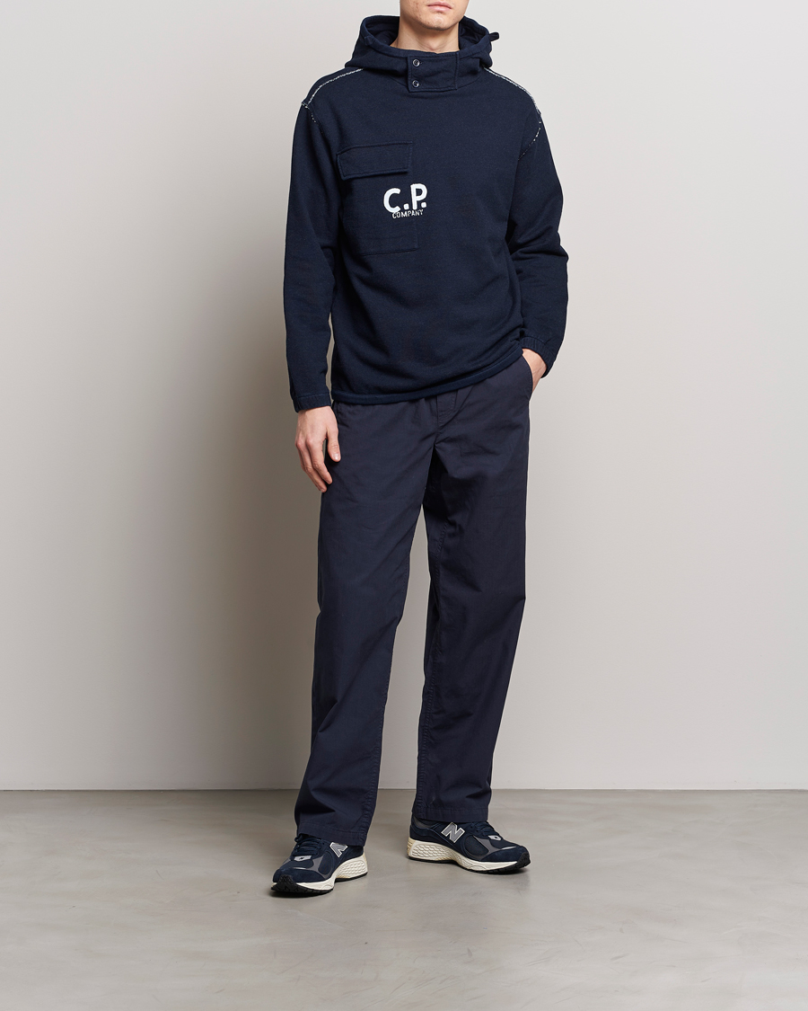 Men | Sweaters & Knitwear | C.P. Company | Washed Indigo Fleece Hooded Sweatshirt Navy