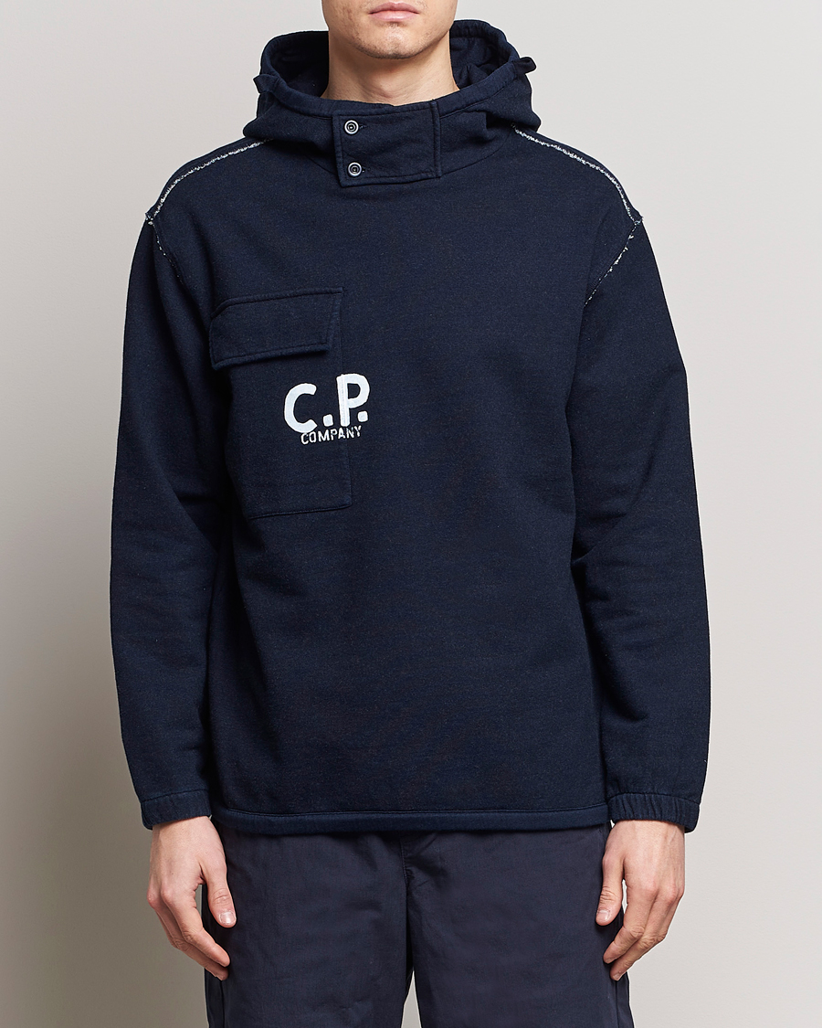 Men | Sweaters & Knitwear | C.P. Company | Washed Indigo Fleece Hooded Sweatshirt Navy