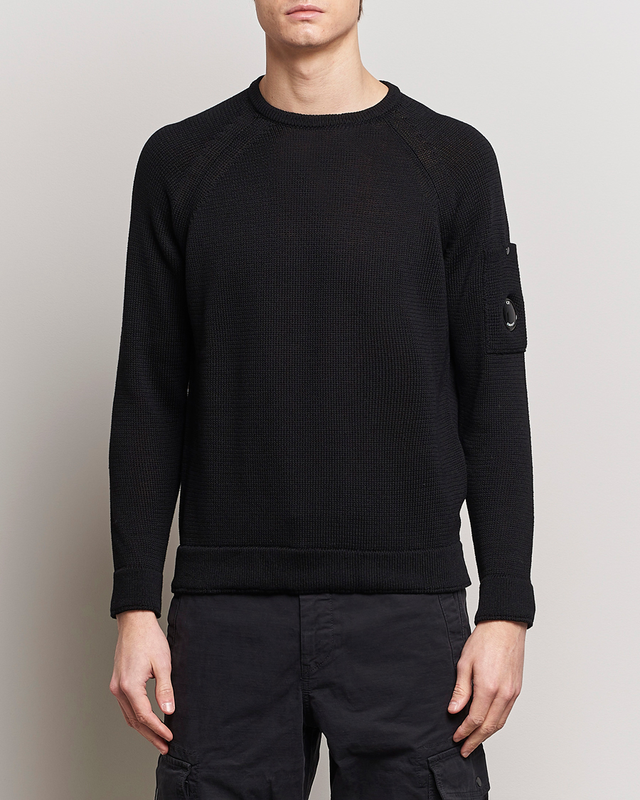 Men | Knitted Jumpers | C.P. Company | Compact Cotton Lens Crewneck Black
