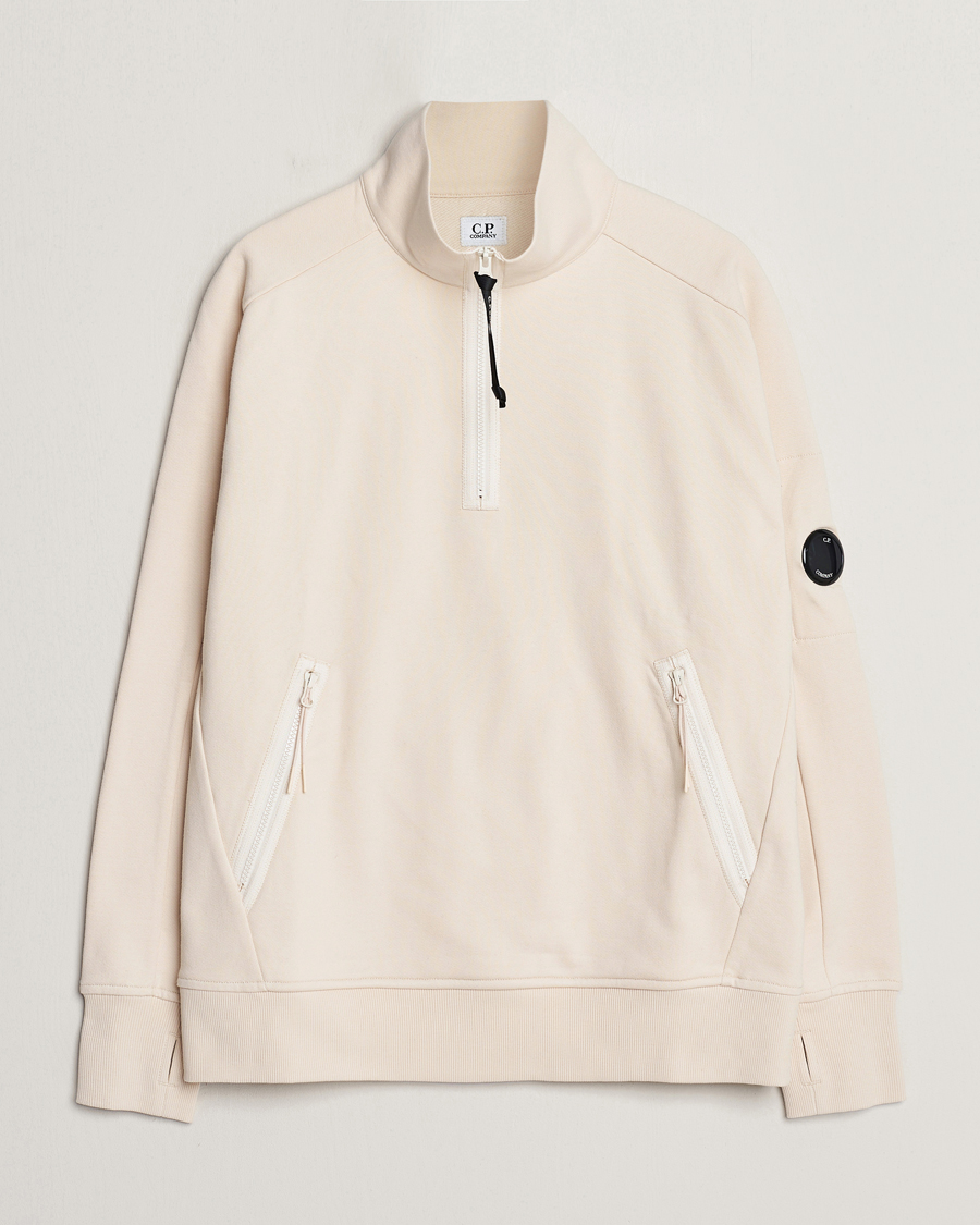 Men | Sweaters & Knitwear | C.P. Company | Diagonal Raised Fleece Half Zip Goggle Hoodie Ecru