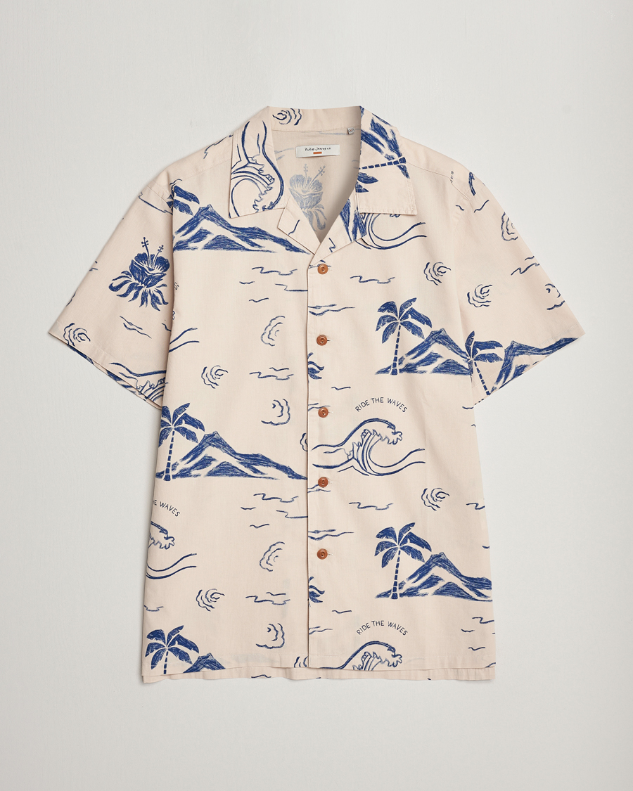 Men | Shirts | Nudie Jeans | Arvid Printed Waves Hawaii Short Sleeve Shirt Ecru