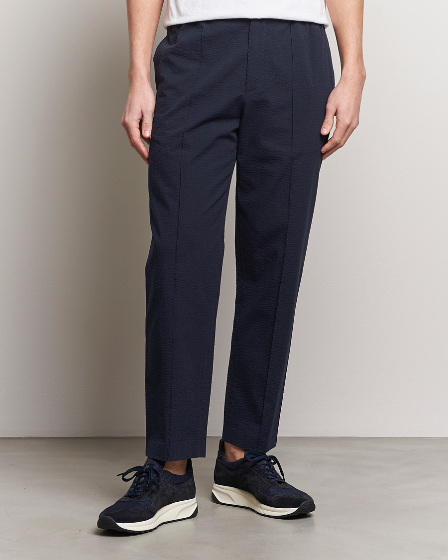 Men | Clothing | A.P.C. | Joaquin Seersucker Drawstring Trousers Dark Navy