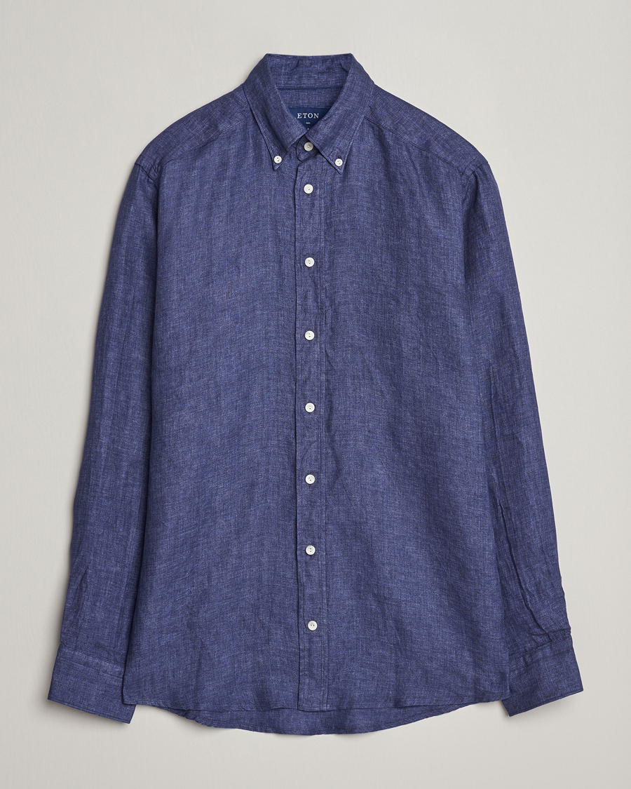 Men | Shirts | Eton | Slim Fit Linen Button Down Shirt Navy Blue