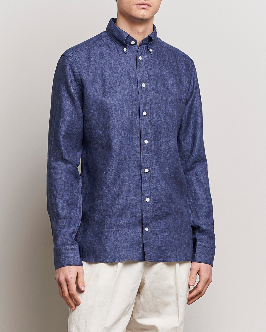 Men | Shirts | Eton | Slim Fit Linen Button Down Shirt Navy Blue