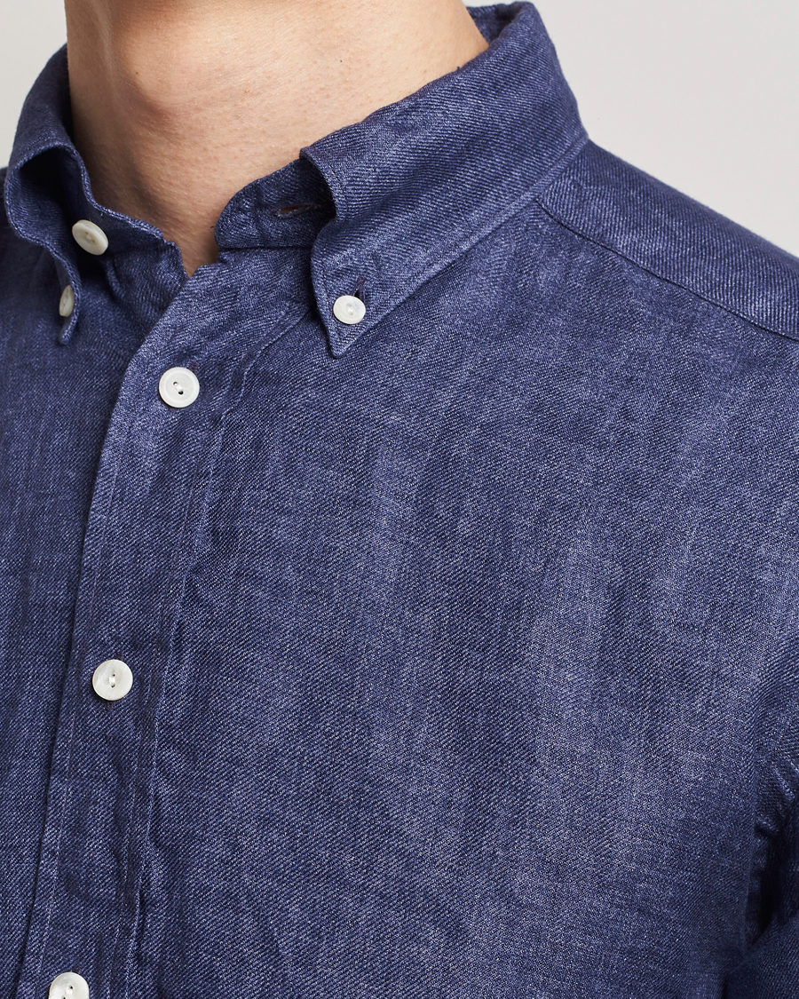 Men | Shirts | Eton | Slim Fit Linen Button Down Shirt Navy Blue