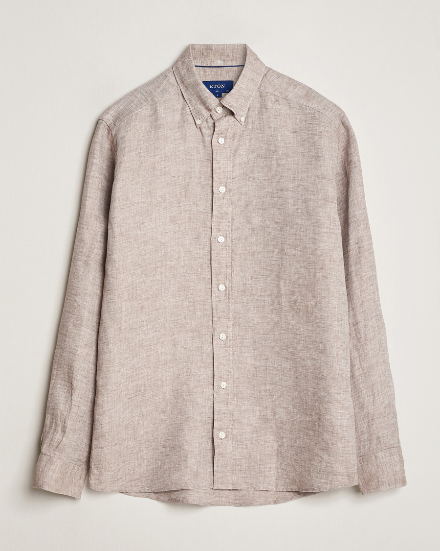 Men | Shirts | Eton | Slim Fit Linen Button Down Shirt Brown