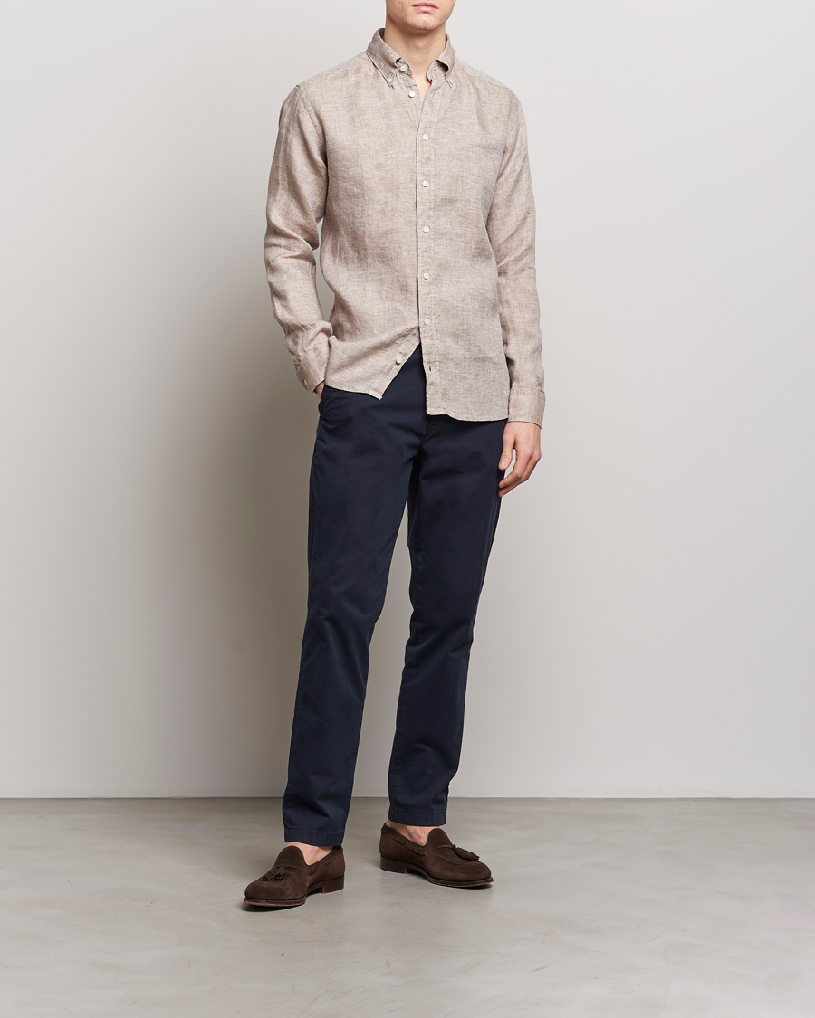 Men | Shirts | Eton | Slim Fit Linen Button Down Shirt Brown