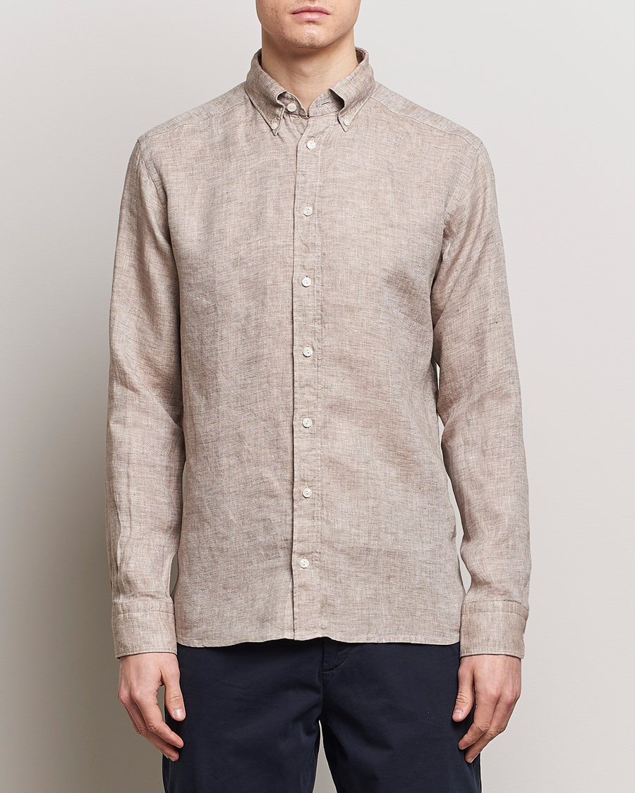 Men | Shirts | Eton | Slim Fit Linen Button Down Shirt Brown