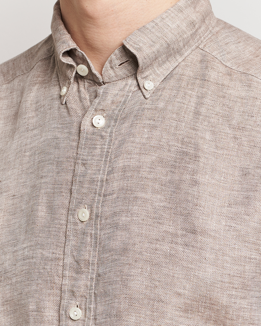 Men | Shirts | Eton | Slim Fit Linen Button Down Shirt Brown
