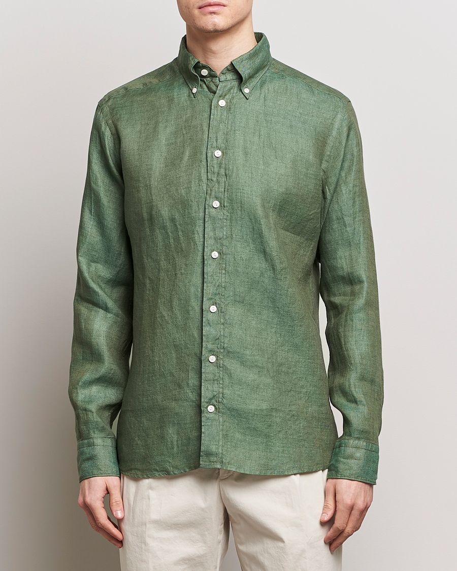 Men | Business & Beyond | Eton | Slim Fit Linen Button Down Shirt Dark Green