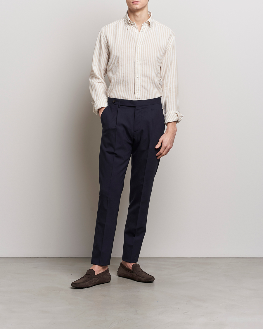 Men | Shirts | Eton | Slim Fit Striped Linen Shirt Beige/White