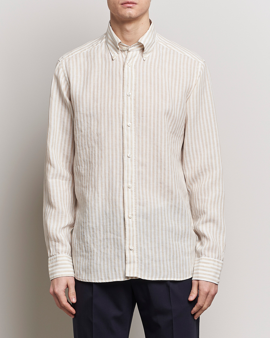 Men | Shirts | Eton | Slim Fit Striped Linen Shirt Beige/White