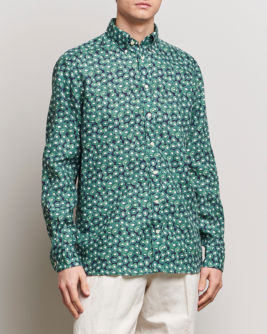 Men | Business & Beyond | Eton | Contemporary Fit Printed Linen Shirt Green Kiwi