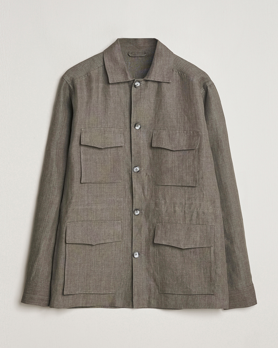 Eton Heavy Linen Drawstring Field Jacket Dark Green at