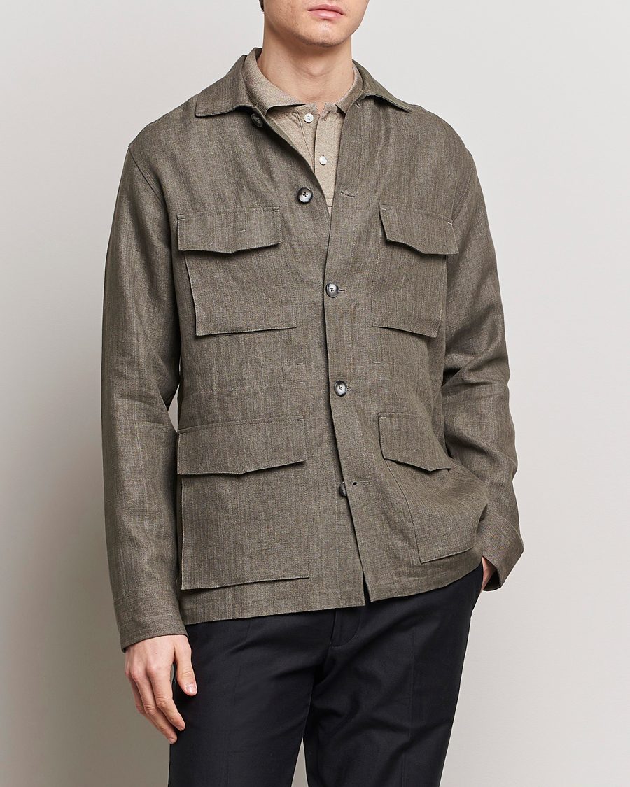 Men | Autumn Jackets | Eton | Heavy Linen Drawstring Field Jacket Dark Green