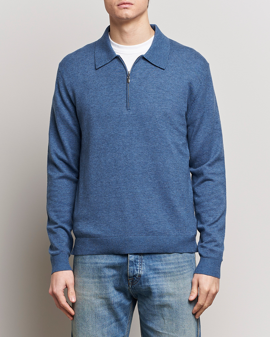 Men | Sweaters & Knitwear | Tiger of Sweden | Orbit Wool/Cotton Half Zip Thunder Blue