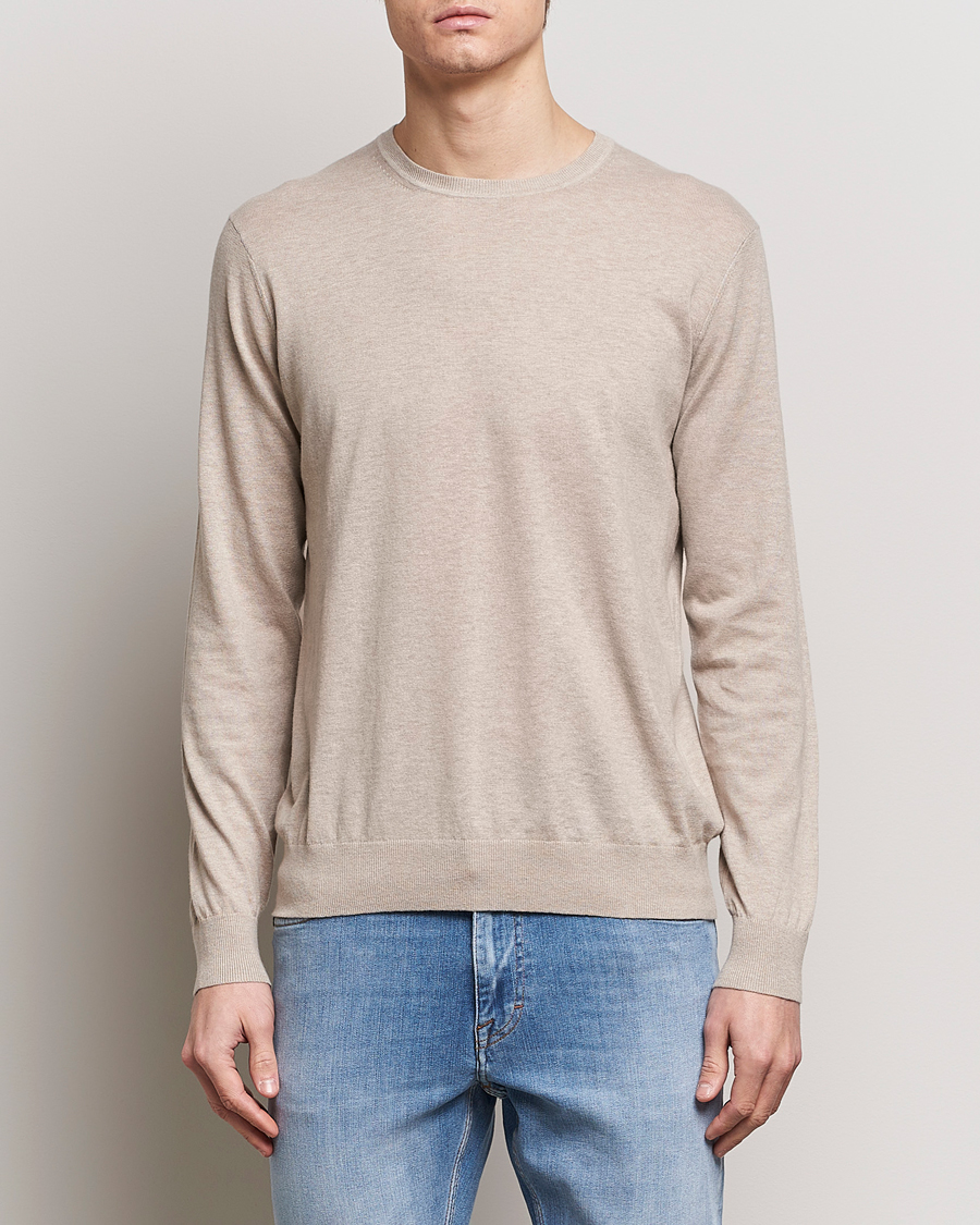 Men | Crew Neck Jumpers | Tiger of Sweden | Michas Cotton/Linen Knitted Sweater Soft Latte
