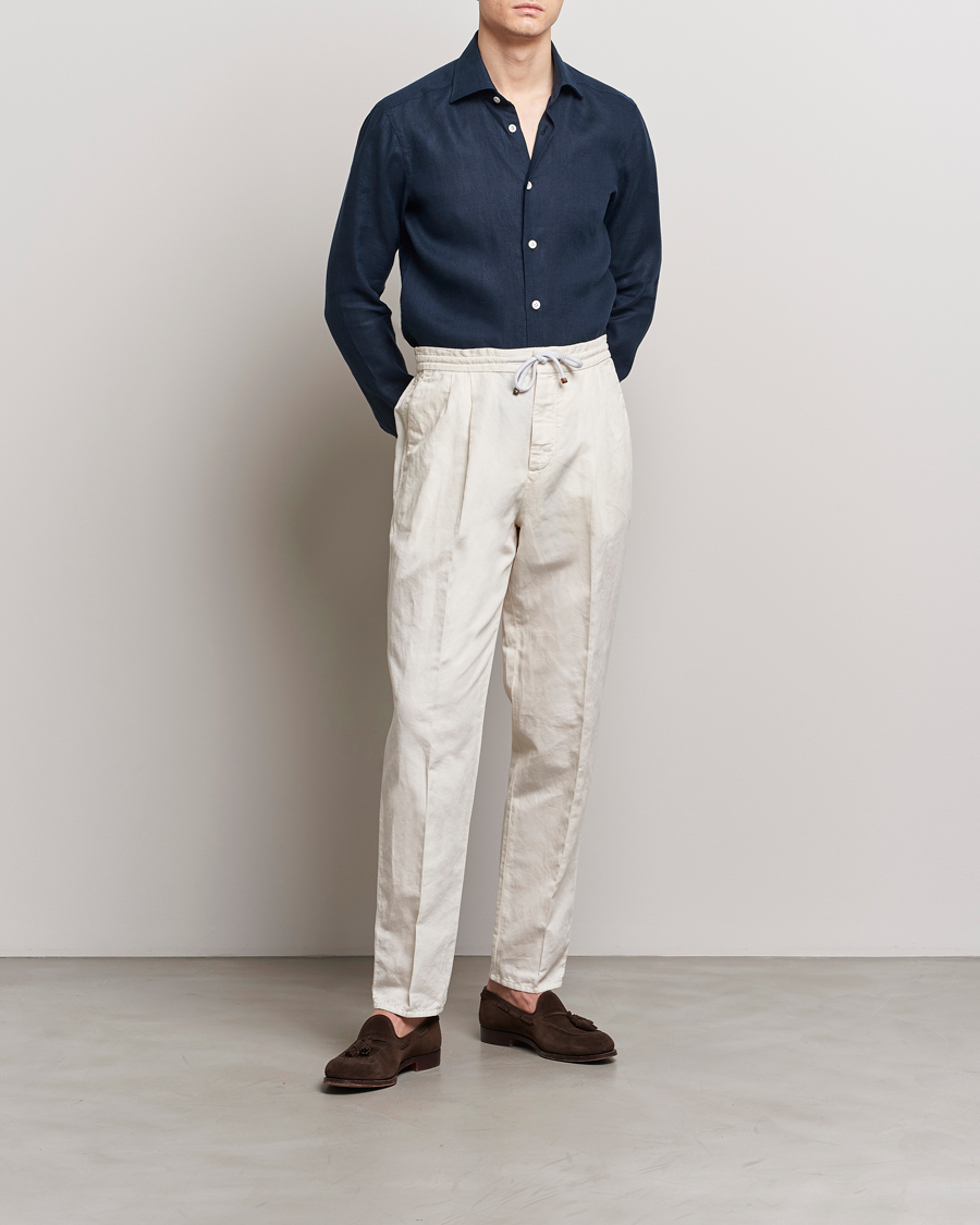 Men | Shirts | Kiton | Linen Sport Shirt Navy