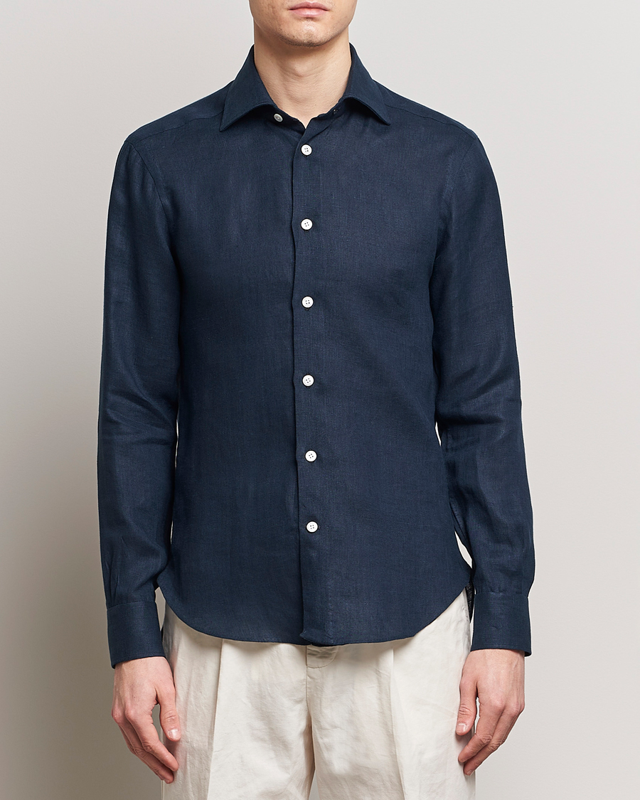 Men | Shirts | Kiton | Linen Sport Shirt Navy