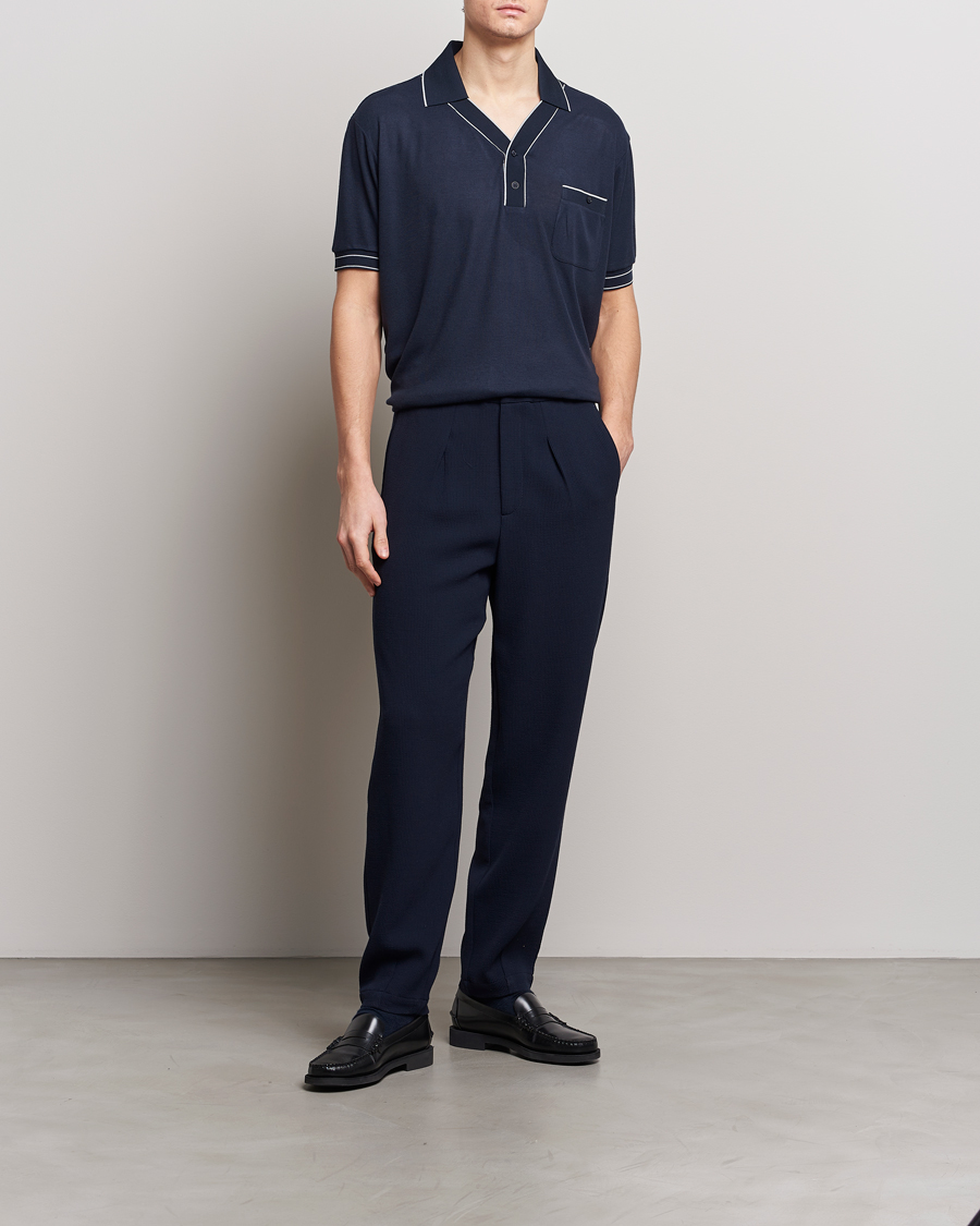 Men | Trousers | Giorgio Armani | Pleated Rib Wool Trousers Navy