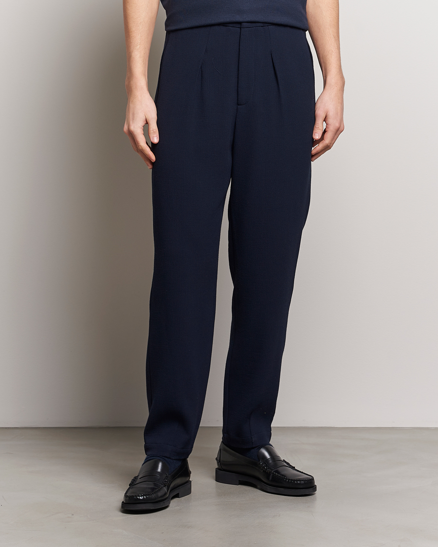 Men | Trousers | Giorgio Armani | Pleated Rib Wool Trousers Navy
