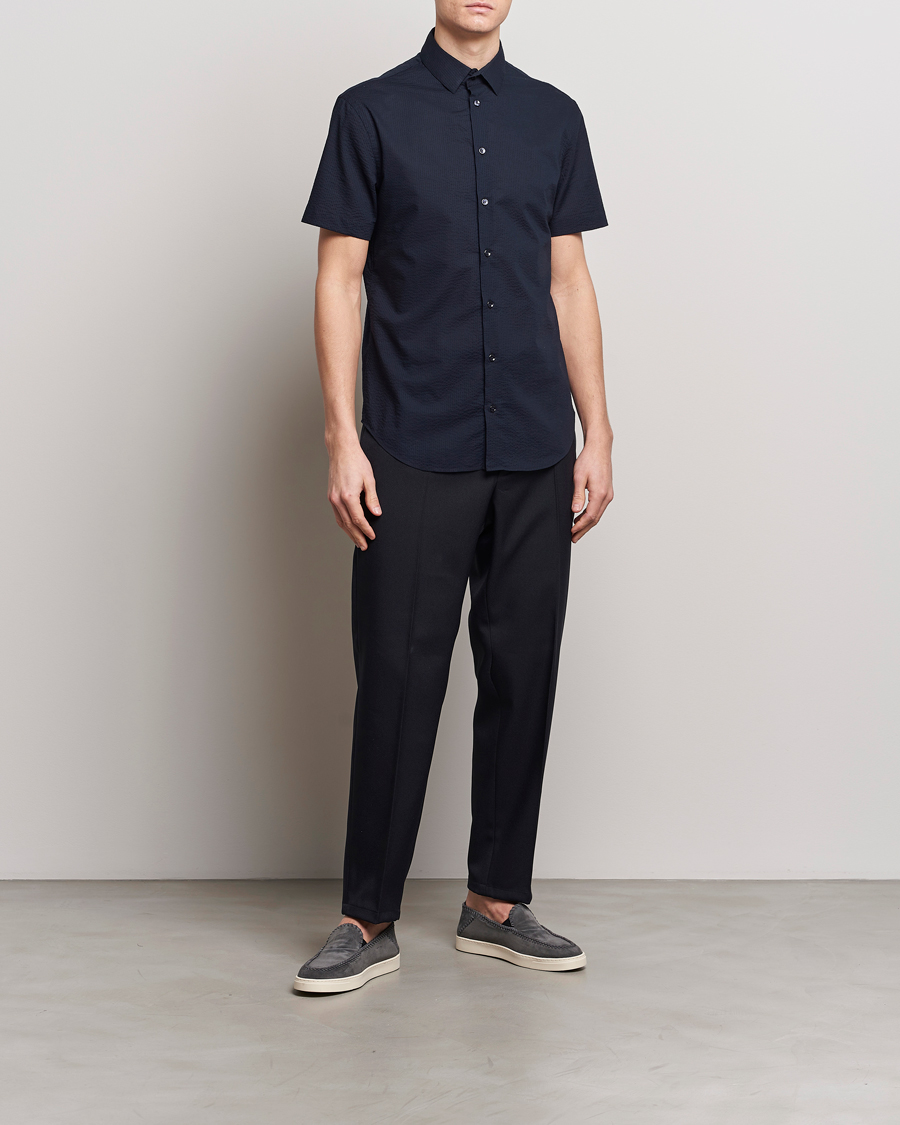 Giorgio Armani Short Sleeve Seersucker Shirt Navy at CareOfCarl.com