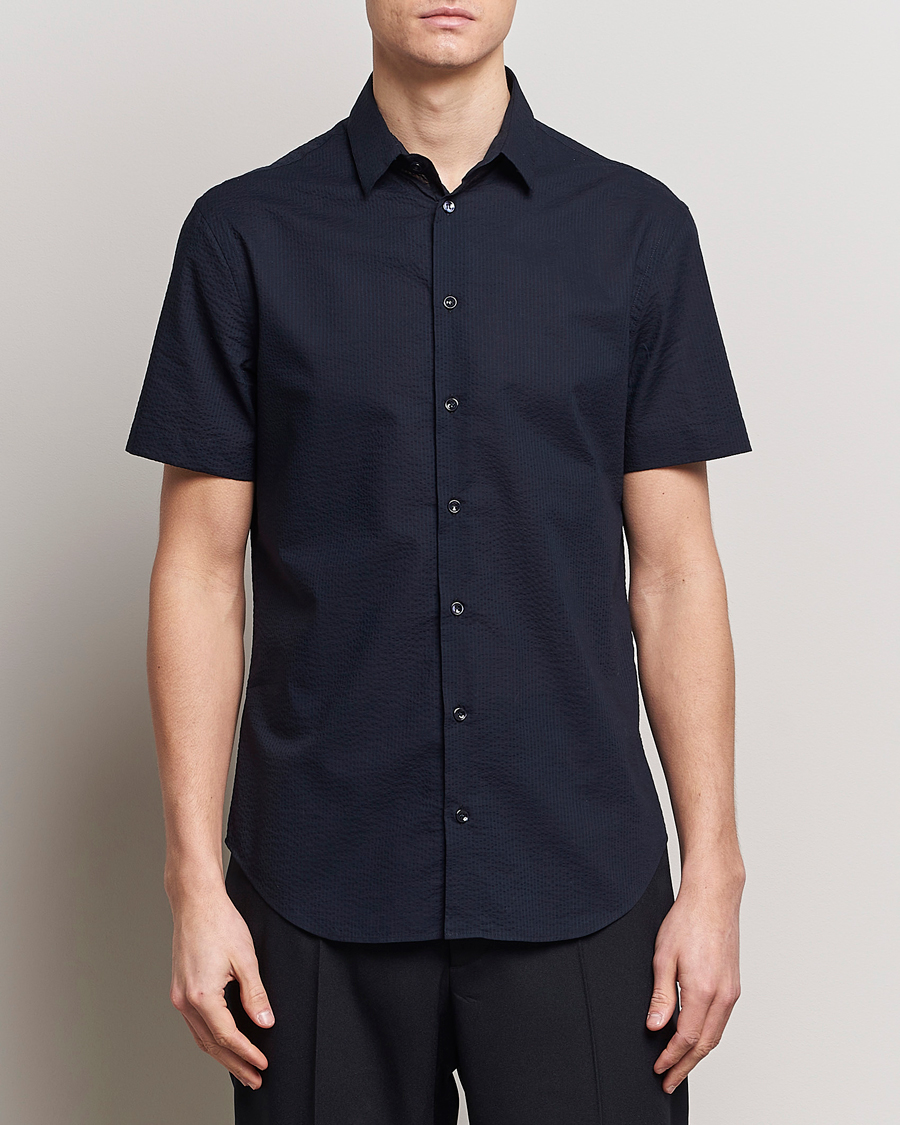 Men | Shirts | Giorgio Armani | Short Sleeve Seersucker Shirt Navy