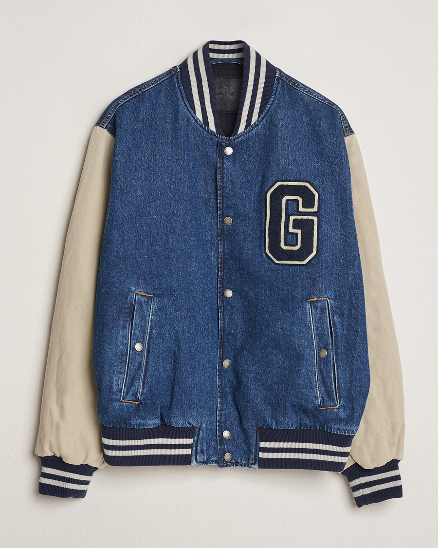 Men | Coats & Jackets | GANT | Denim Varsity Jacket Dark Blue Worn In
