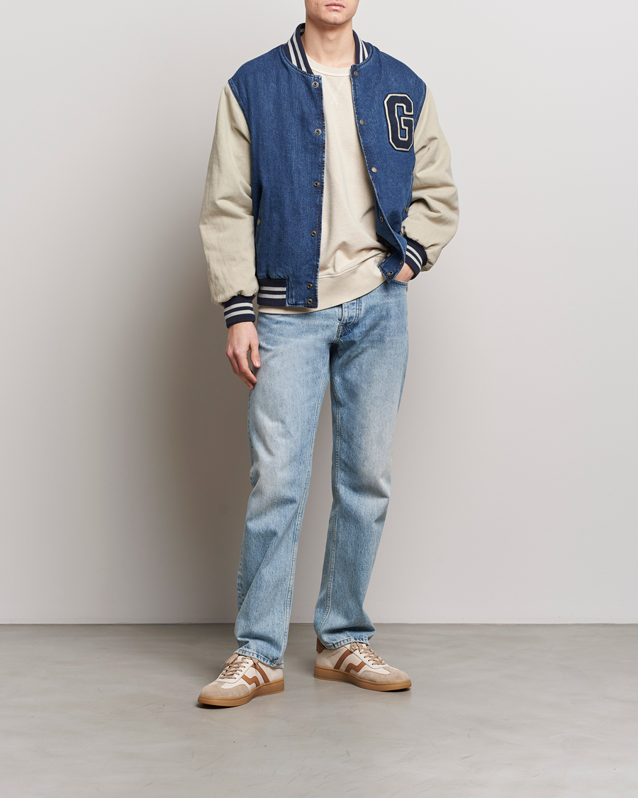 Men | Coats & Jackets | GANT | Denim Varsity Jacket Dark Blue Worn In