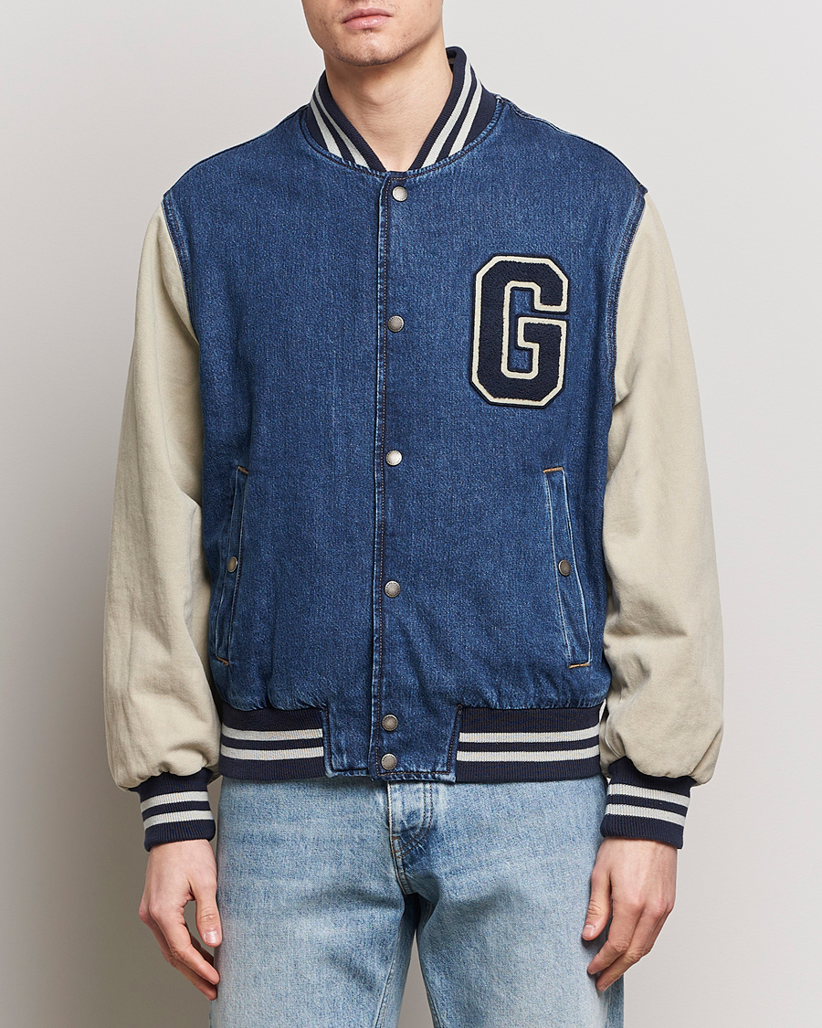 Men | Classic jackets | GANT | Denim Varsity Jacket Dark Blue Worn In