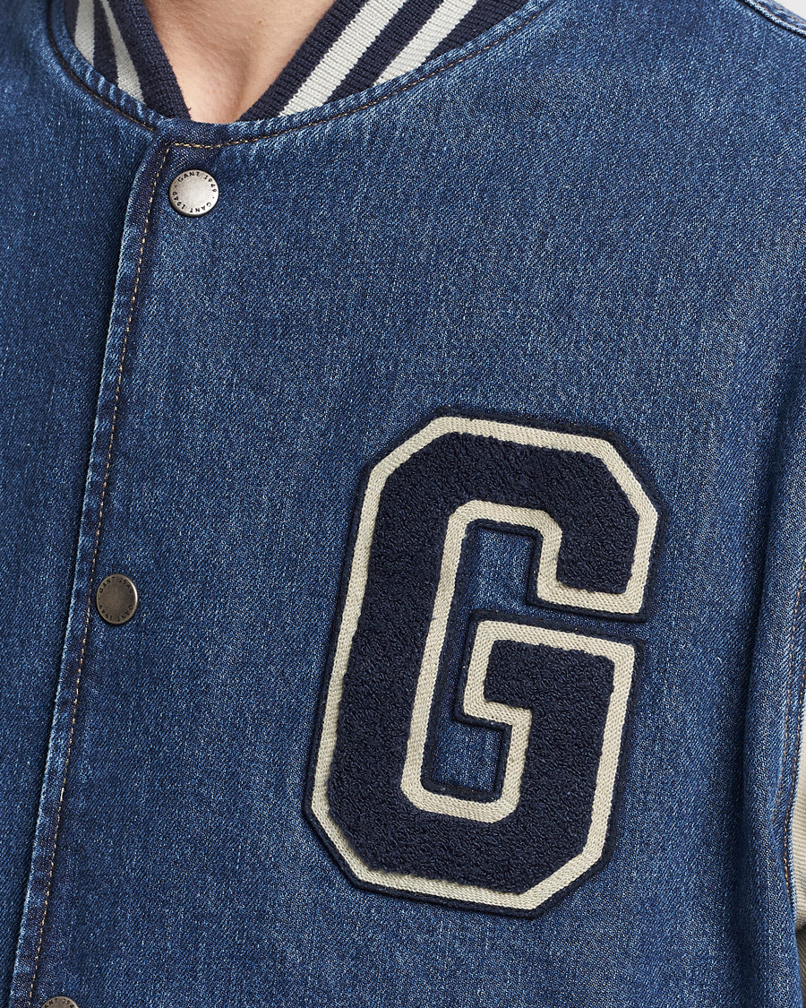 Men | Coats & Jackets | GANT | Denim Varsity Jacket Dark Blue Worn In