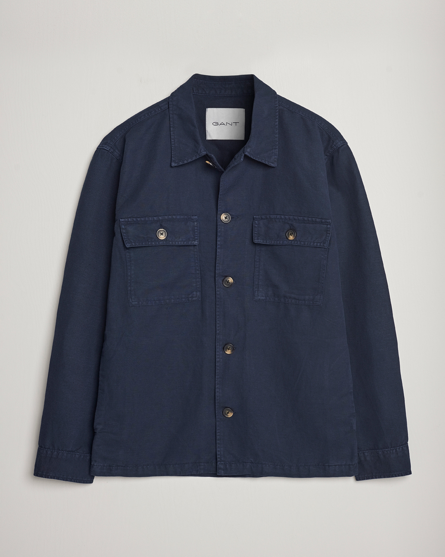 Men | Shirts | GANT | Linen/Cotton Twill Overshirt Marine