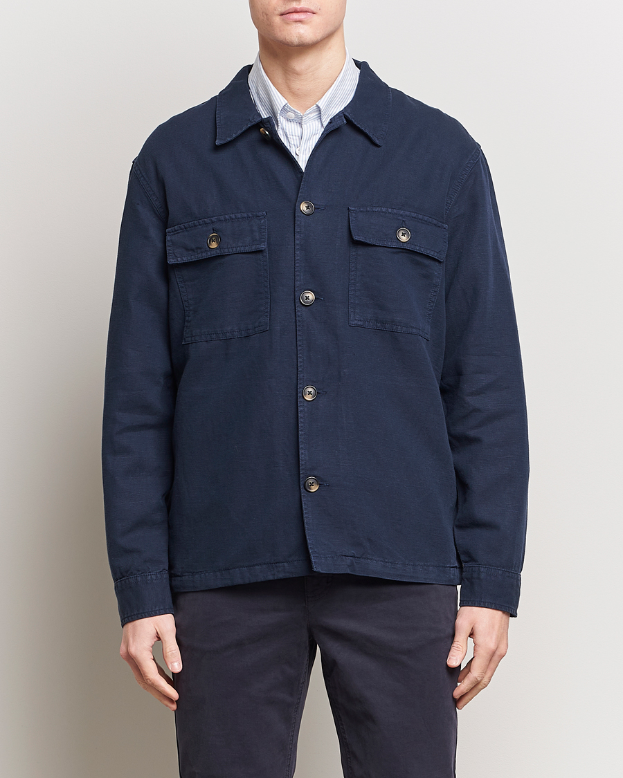 Men | Shirt Jackets | GANT | Linen/Cotton Twill Overshirt Marine