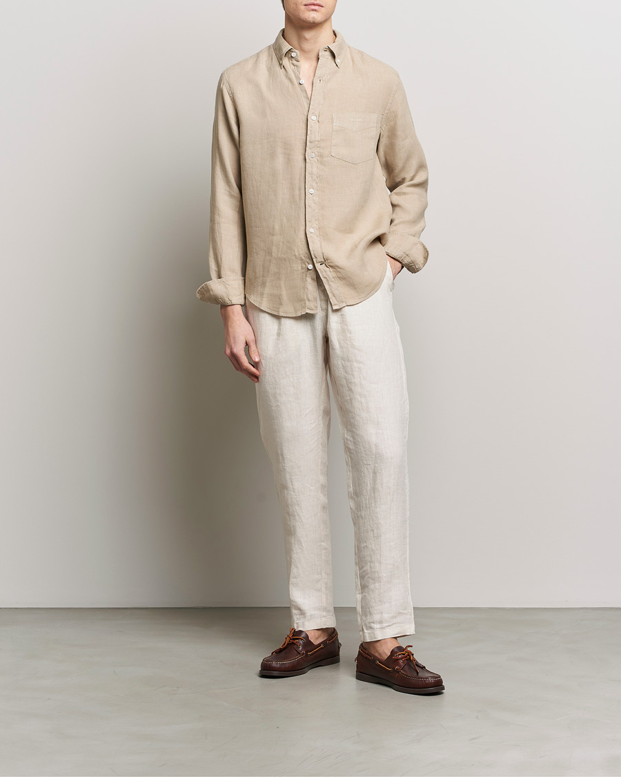 Men | Shirts | GANT | Regular Fit Garment Dyed Linen Shirt Concrete Beige