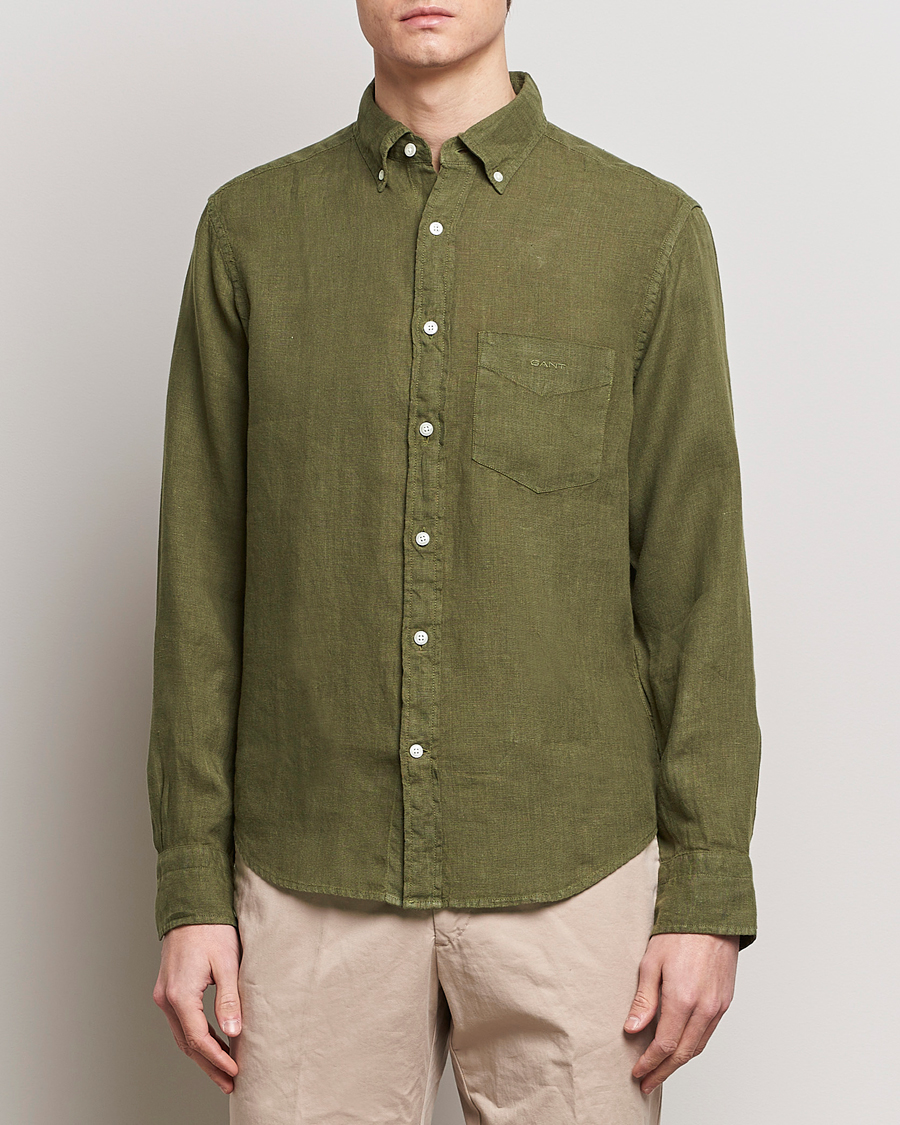 Herr | Skjortor | GANT | Regular Fit Garment Dyed Linen Shirt Juniper Green