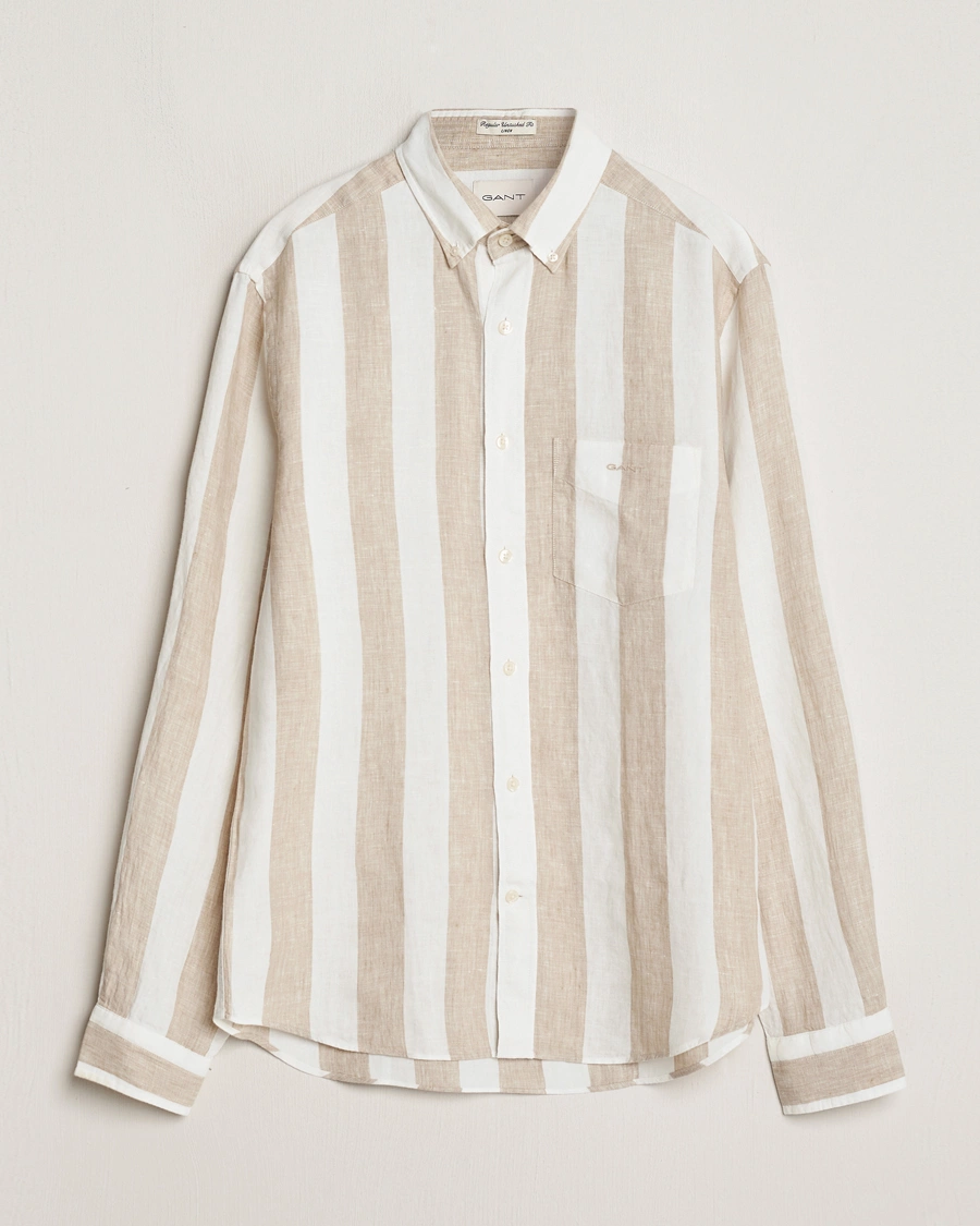Men | Shirts | GANT | Regular Fit Bold Stripe Linen Shirt Beige/White