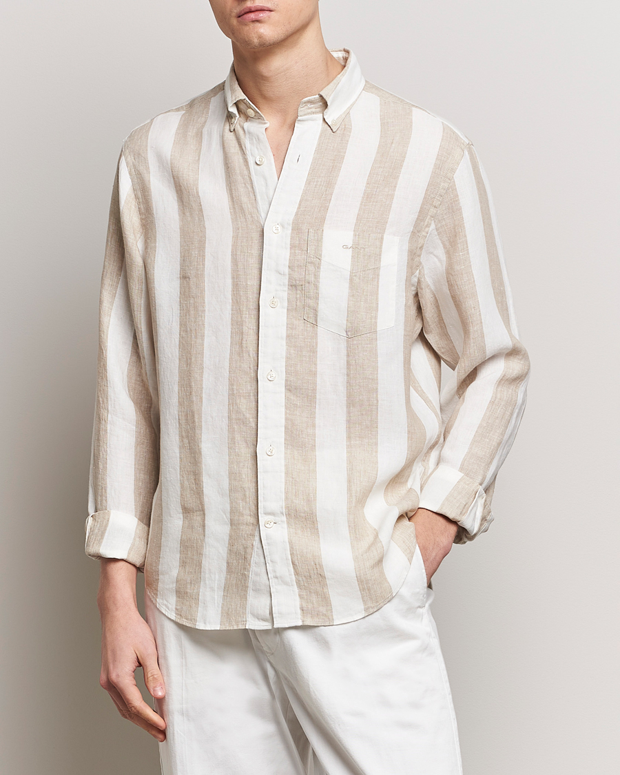 Men | Shirts | GANT | Regular Fit Bold Stripe Linen Shirt Beige/White