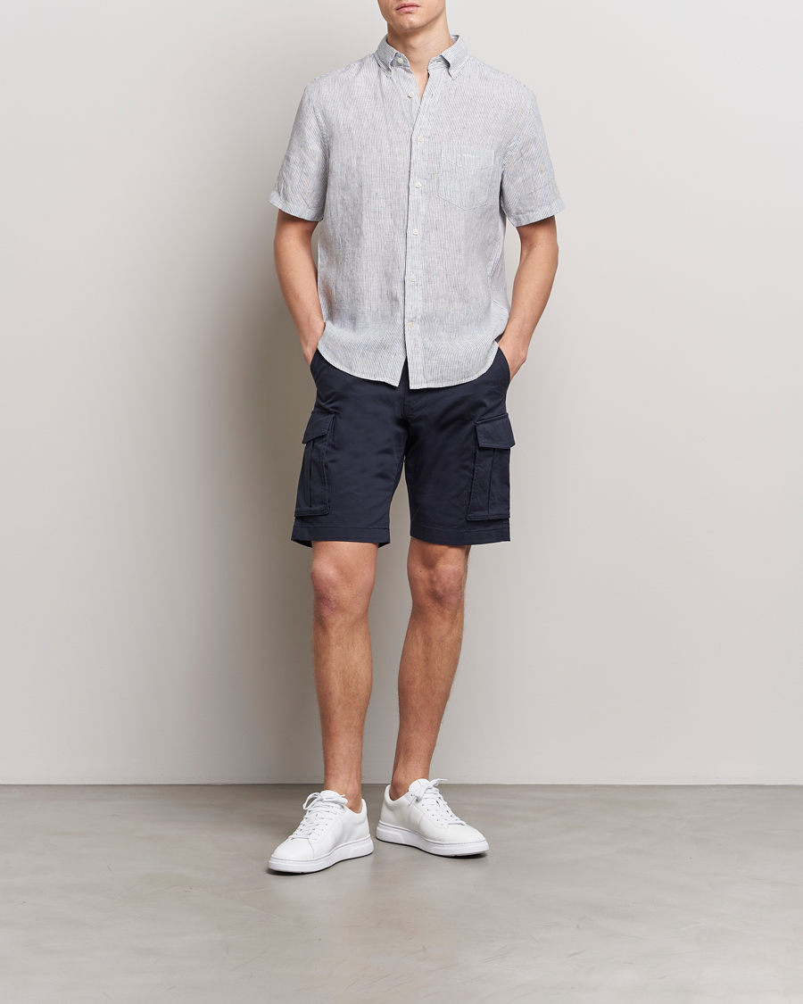 Men | Shirts | Gant | Regular Fit Striped Linen Short Sleeve Shirt White/Blue