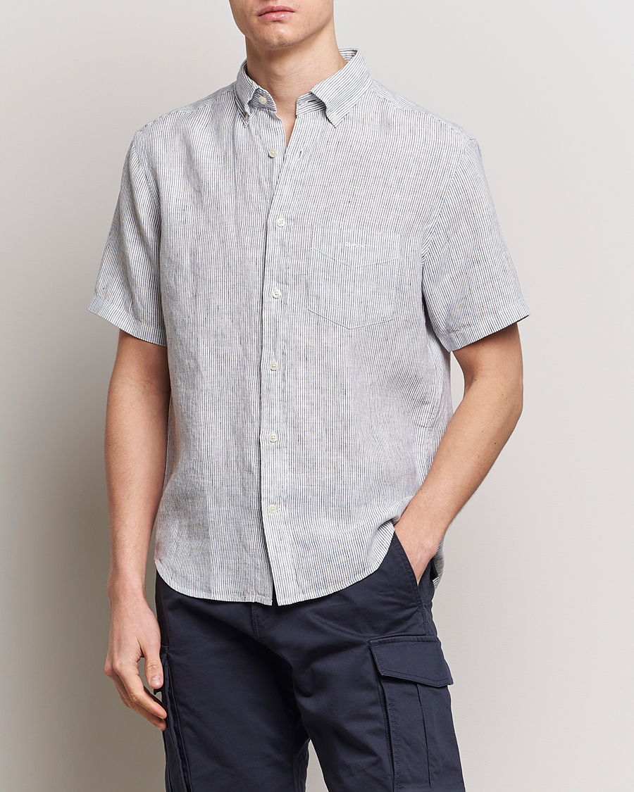Men | Shirts | GANT | Regular Fit Striped Linen Short Sleeve Shirt White/Blue