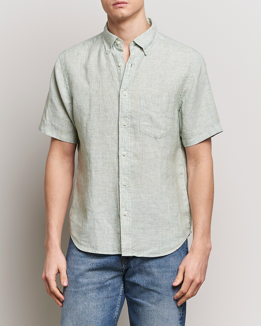 Men | Shirts | GANT | Regular Fit Striped Linen Short Sleeve Shirt Green/White