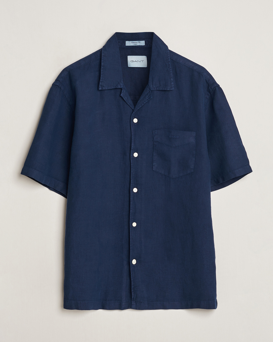 Men | Shirts | GANT | Relaxed Fit Linen Resort Short Sleeve Shirt Marine
