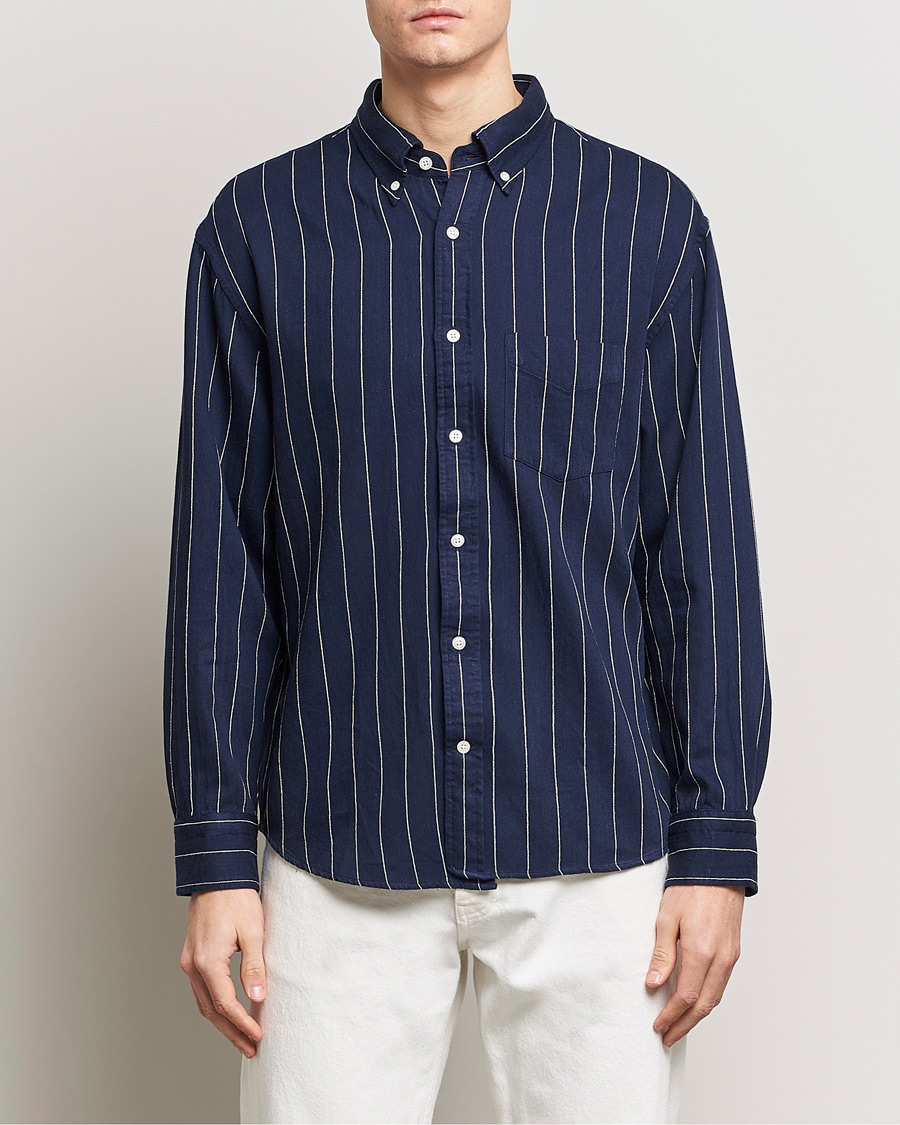 Men | Shirts | GANT | Relaxed Fit Slub Striped Shirt Classic Blue