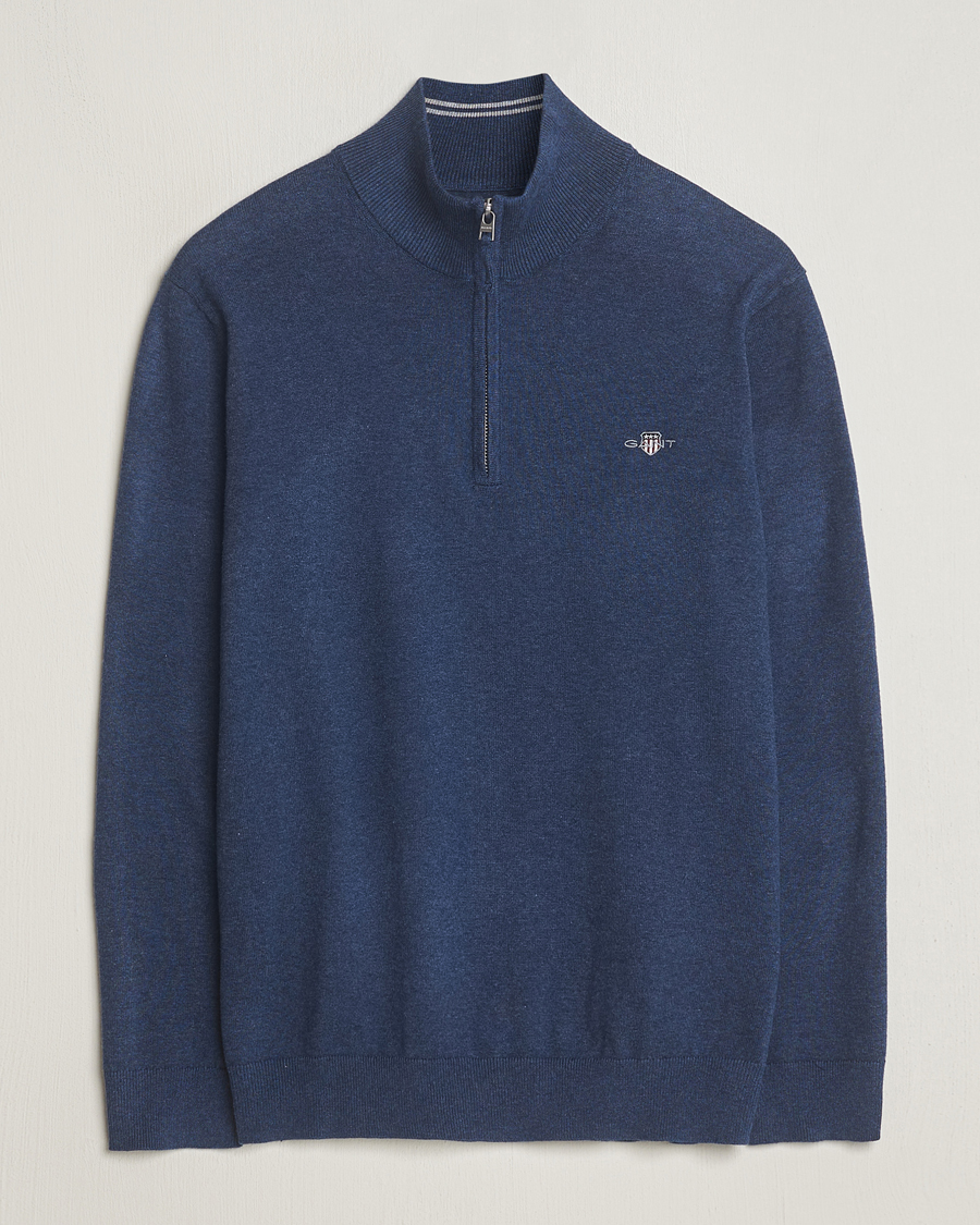 Men | Sweaters & Knitwear | GANT | Classic Cotton Half Zip Dark Jeans Blue Melange