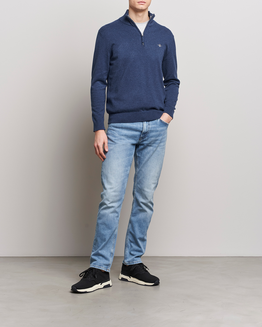 Men | Sweaters & Knitwear | GANT | Classic Cotton Half Zip Dark Jeans Blue Melange