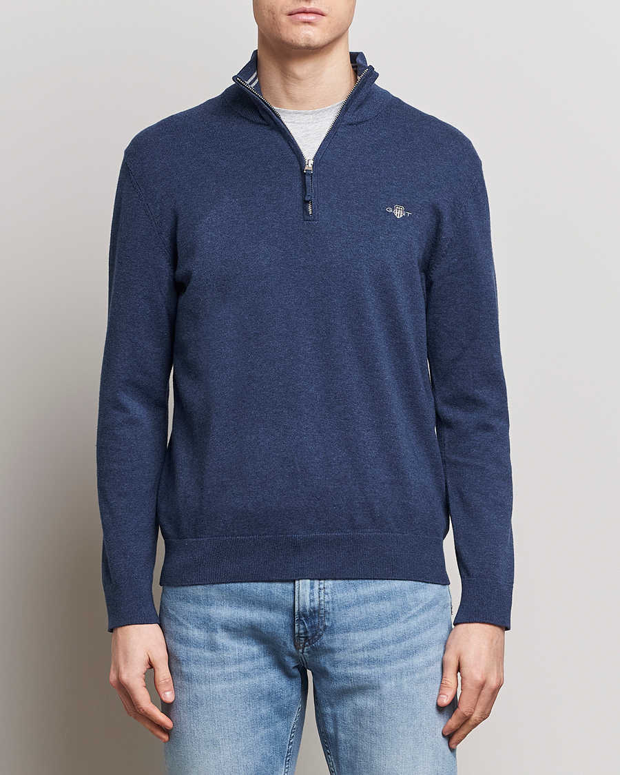 Men | Sweaters & Knitwear | GANT | Classic Cotton Half Zip Dark Jeans Blue Melange
